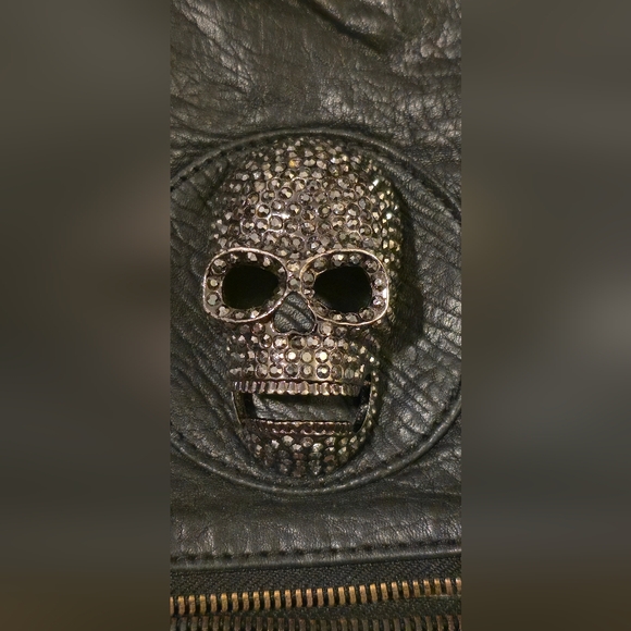 Thomas Wylde Goth Leather Black Skull Clutch With Rhinestones Duster Bag - Picture 6 of 13